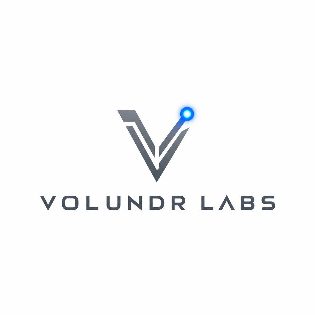 The Volundr Labs brand mark — a silver angular V with two glowing electric-blue nodes above the VOLUNDR LABS wordmark